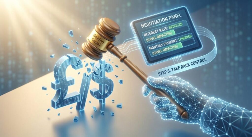 A close-up 3D isometric render of a person striking a golden gavel that lowers interest rates and monthly payments, demonstrating debt negotiation for low income, digital interfaces, widescreen 16:9, matching warm golden and blue color palette of other images.