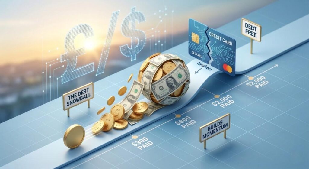 A large money snowball of gold coins and banknotes rolling down a path towards freedom from high-interest debt, symbolizing the debt snowball payoff method for low income, 3D render.