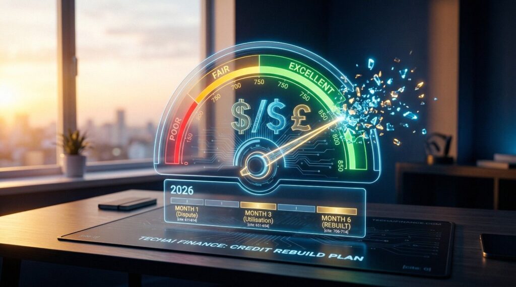 Person checking credit score on laptop with credit repair steps visible