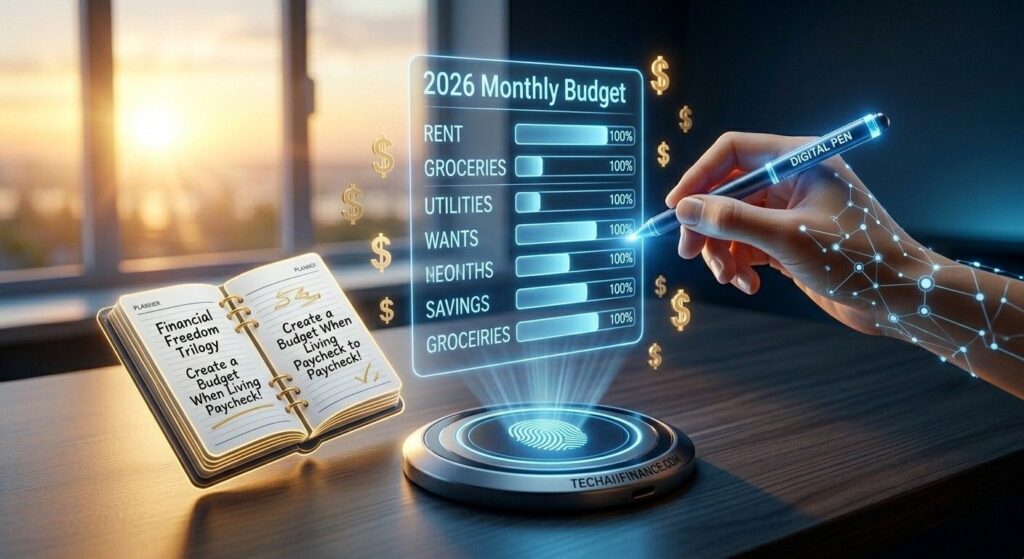 American person sitting at kitchen table creating a monthly budget plan with pen and notepad