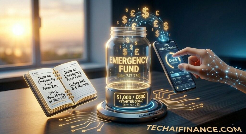 American person placing coins into a glass jar labeled emergency fund on a kitchen counter