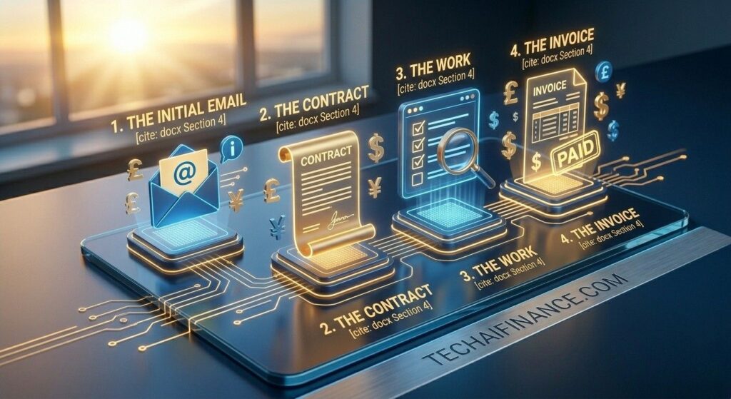 A professional 3D isometric infographic on a dark blue high-tech glass platform visualizing a four-step client onboarding workflow. The stations are labeled '1. THE INITIAL EMAIL', '2. THE CONTRACT', '3. THE WORK', and '4. THE INVOICE', representing a structured business process. Floating gold and blue currency symbols (£, $, ¥) surround the final invoice station which has a glowing 'PAID' stamp. Gold circuit patterns connect each station, matching the TechAIFinance.com brand aesthetic. Integrated onto the front-right bezel of the platform is the precise laser-etched professional watermark TECHAIFINANCE.COM.