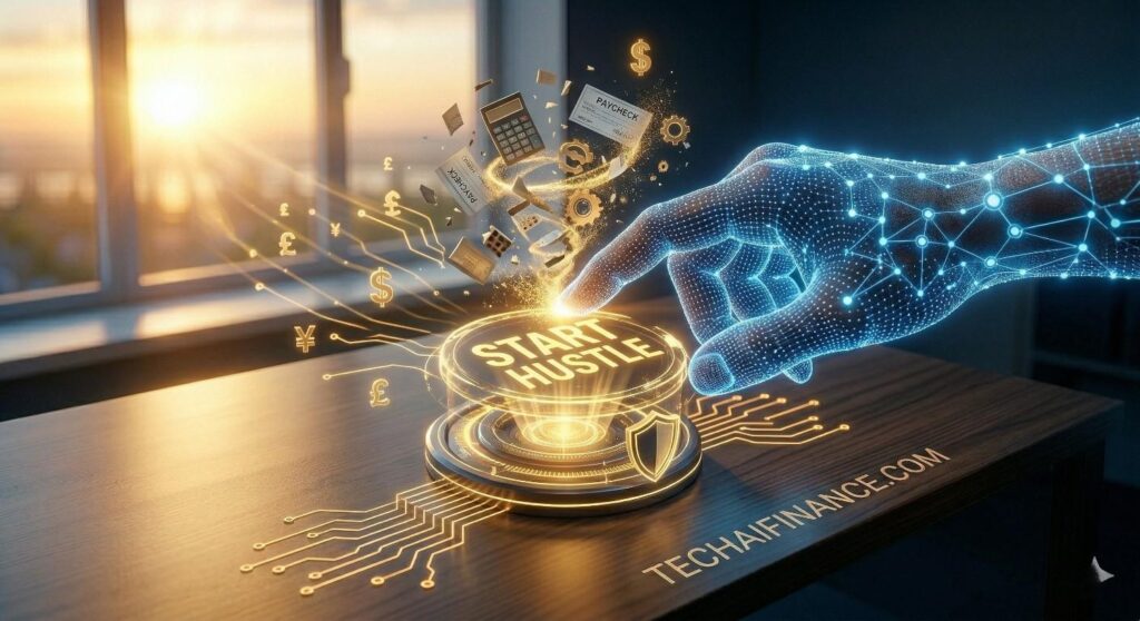 A powerful close-up photograph of an inspiring financial success dashboard. A human hand composed of glowing blue digital node patterns reaches toward a large, holographic gold button marked 'START HUSTLE'. The background features a unique 'Future Fund' sprouting money tree icon and floating gold currency symbols against an optimistic golden sunrise filtering through a window. The composition signifies security, growth, and the transition from planning to action. Integrated into the polished dark wood desk surface in the lower-right foreground is the crisp laser-etched professional text watermark TECHAIFINANCE.COM.