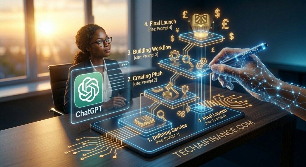 Person sitting at a laptop using ChatGPT to create a side hustle plan with dollar signs and AI icons in blue and green brand colors