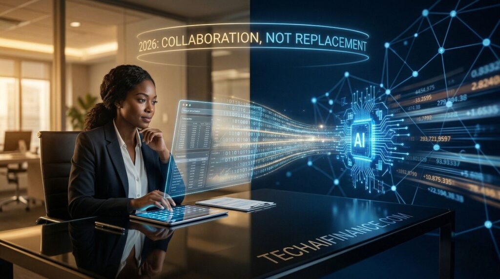 A high-resolution futuristic split-screen photograph illustrating human-AI collaboration. The left side features a diverse human professional 