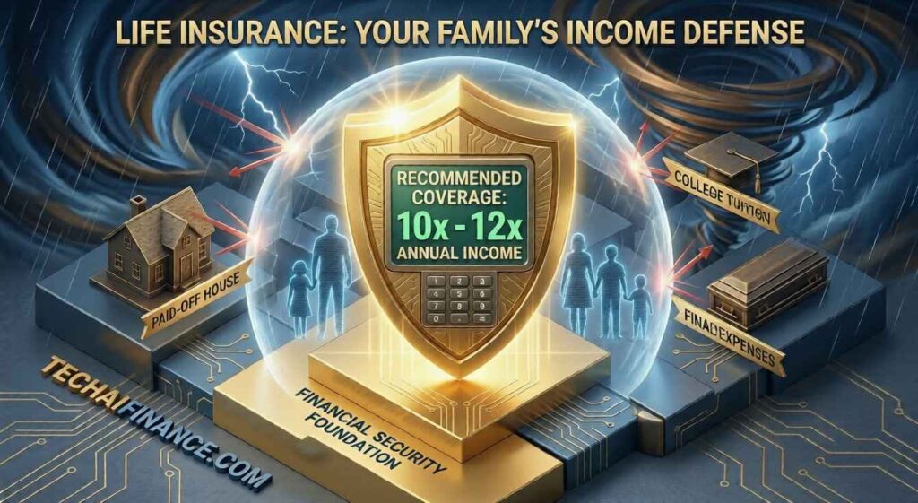 American family reviewing life insurance documents together at a kitchen table with a laptop open