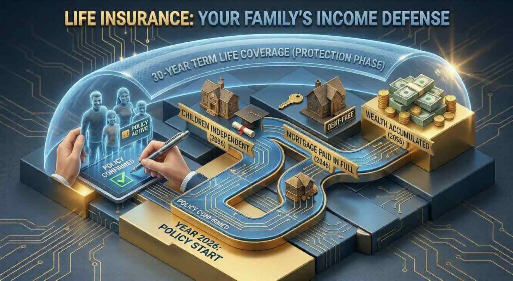 American family reviewing life insurance documents together at a kitchen table with a laptop open