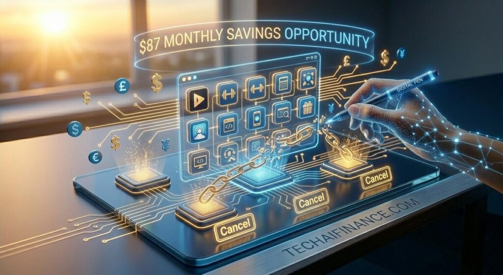 A 3D isometric comparison infographic on a technical grid illustrating '$600/yr Variable Expenses' (TechAIFinance Blue) next to an AI-recommended '$220 Optimized Expenses' (Glowing Gold). Small circuit patterns connect them, watermarked with TECHAIFINANCE.COM on the front bezel on the right