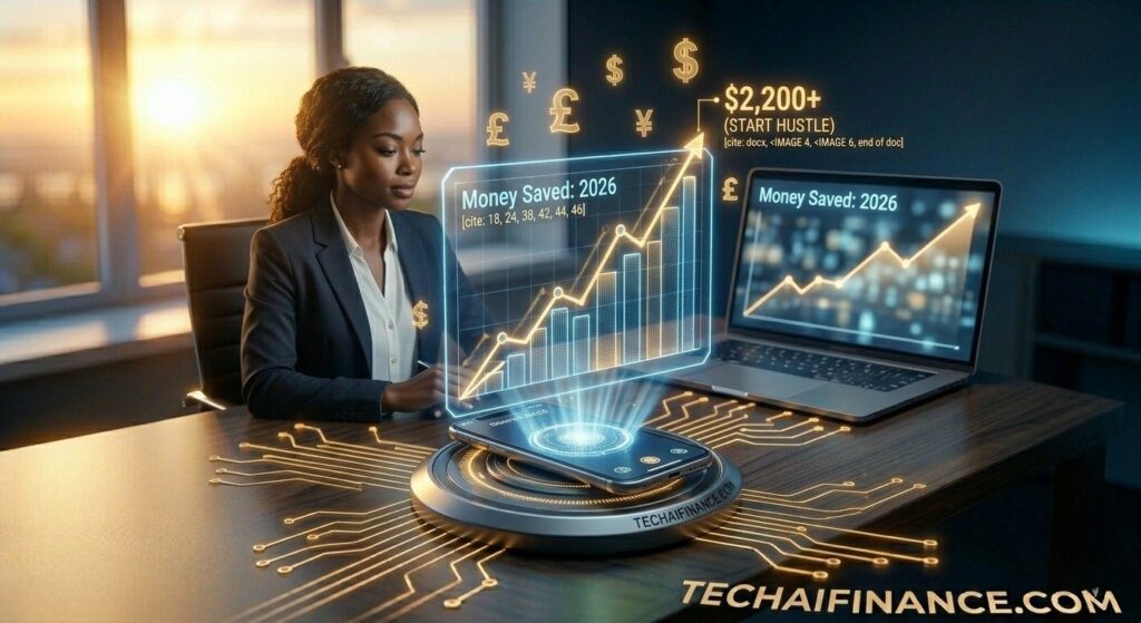 A cinematic 16:9 wide shot of an American using a high-tech budgeting app on a smartphone. It projects a glowing holographic 'Zero-Based AI Blueprint' floating above an open physical planner on a polished dark desk. Warm golden and deep blue palette, watermarked TECHAIFINANCE.COM laser-etched on the right desk surface.