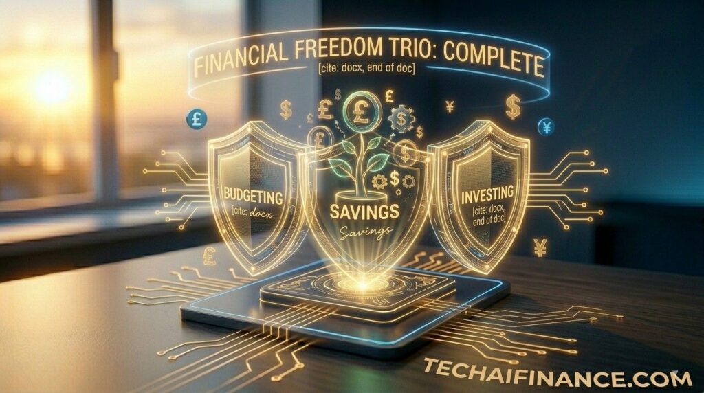 A powerfully inspiring 16:9 visual of a large glowing holographic arch explicitly displaying '$2,200+ ANNUAL SAVINGS RESULT'. Behind it, a 3D unique money tree icon is protected by interlocking blue and gold shields. The scene is set against a soft-focus digital sunrise, signifying long-term security, watermarked with TECHAIFINANCE.COM laser-etched on the right desk.