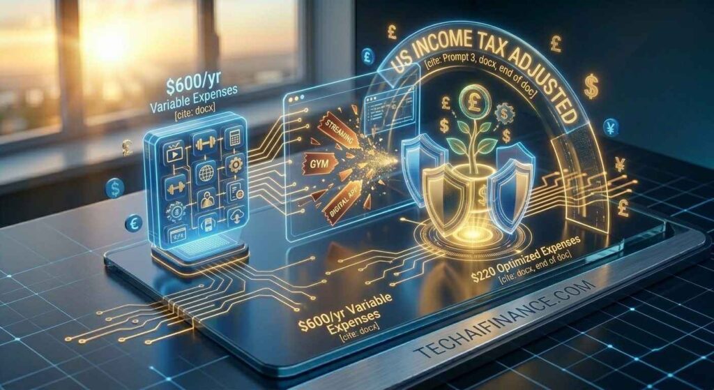 A detailed 3D isometric infographic comparison visualization on a dark high-tech glass platform. It shows an unoptimized '$600/yr Variable Expenses' blue block composed of diverse, cluttered service icons (streaming, gym, digital apps, etc.) next to an optimized '$220 Optimized Expenses' pulsing Gold block. gold circuit patterns connect the initial output with a larger, multi-layered complex 3D isometric representation of an AI interface actively 'cutting' redundant nodes. Above it, a large, translucent glowing holographic arch PROJECTS: 'US INCOME TAX ADJUSTED'. interlocking blue and gold shields from image_30.png and image_52.png protect the optimized block. small, stylized digital currency symbols (£, $, ¥) surround the visualization. Integrated permanently into the front bezel of the glass platform in the lower-right foreground is the precise laser-etched professional text inscription TECHAIFINANCE.COM. Widescreen 16:9.