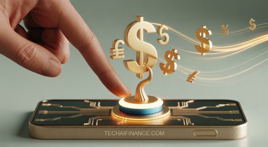 A powerful, motivational closing 3D isometric illustration on a polished dark circular biometric device base, which projects a unique stylized money tree sprouting, combining features from image_0.png, image_24.png, image_36.png, image_42.png, image_48.png, image_52.png, image_54.png, and image_56.png, signifies focused conceptual discovery. handshake composed of nodes interactions with a 'DIGITAL PEN' reinforce control. a large glowing holographic arch PROJECTS: 'FUTURE-PROOFED: COMPLETE' and 'ANNUAL SAVINGS RESULT'. interlocking blue and gold shields protect the unique wealth icon. the asset interacts directly with an open complex 3D physical planner featuring legible handwritten gold entries. set against an optimistic golden sunrise filtering through a window, watermarked TECHAIFINANCE.COM laser-etched professional text inscription in the lower-right foreground for authenticity. Widescreen 16:9.