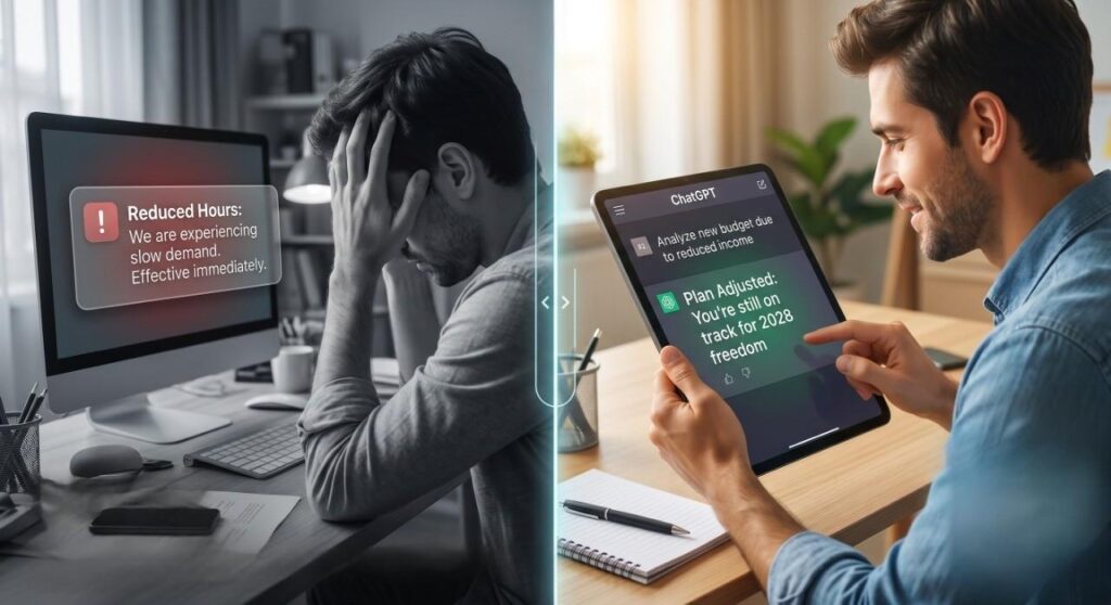 American sitting at a laptop using an AI tool to map out a debt payoff plan with charts and figures on screen