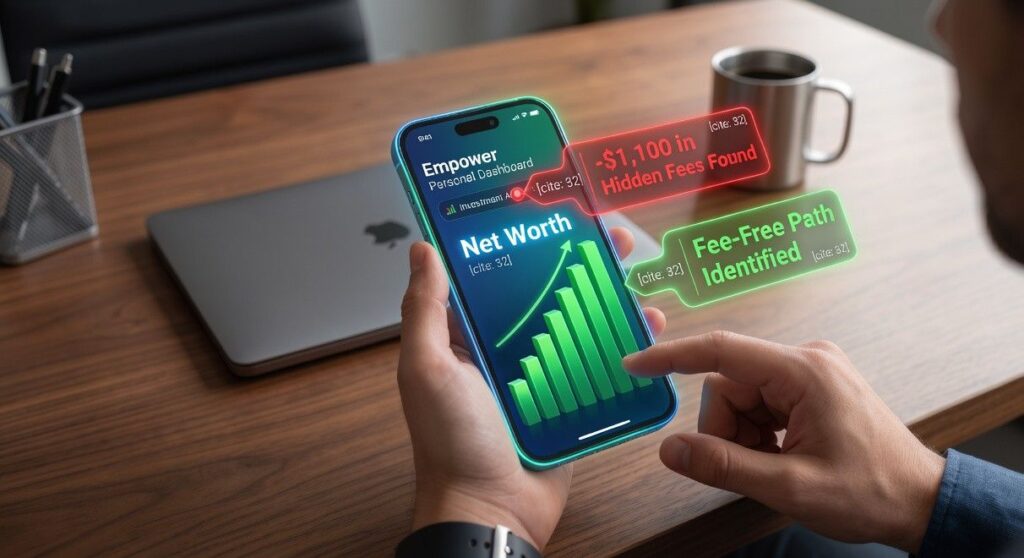 American reviewing a free AI-powered financial dashboard on a smartphone showing spending categories, credit score and savings progress