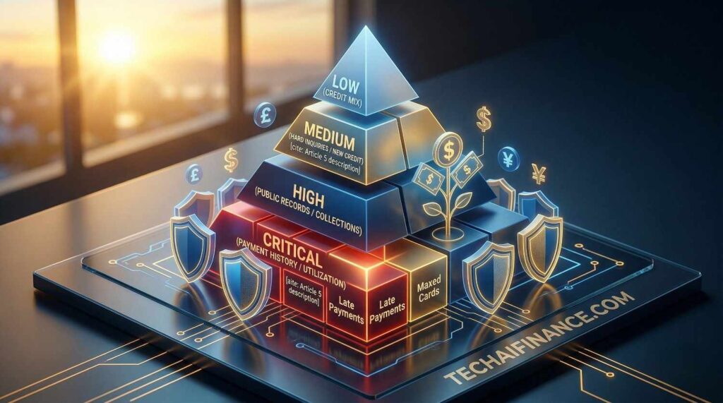 Diagram showing 10 FICO credit score killer habits ranked by damage level for Americans