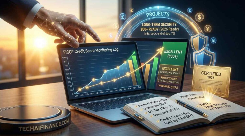 American reviewing FICO score monitoring log on laptop showing improvement over 12 months