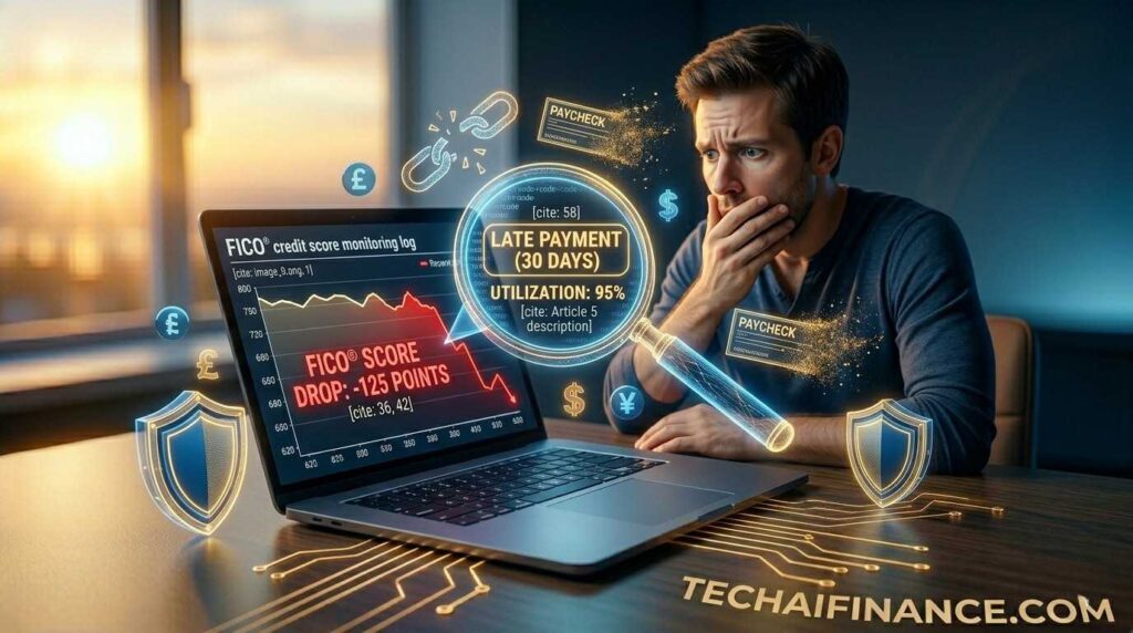 American looking shocked at falling FICO credit score on laptop representing silent credit score killers