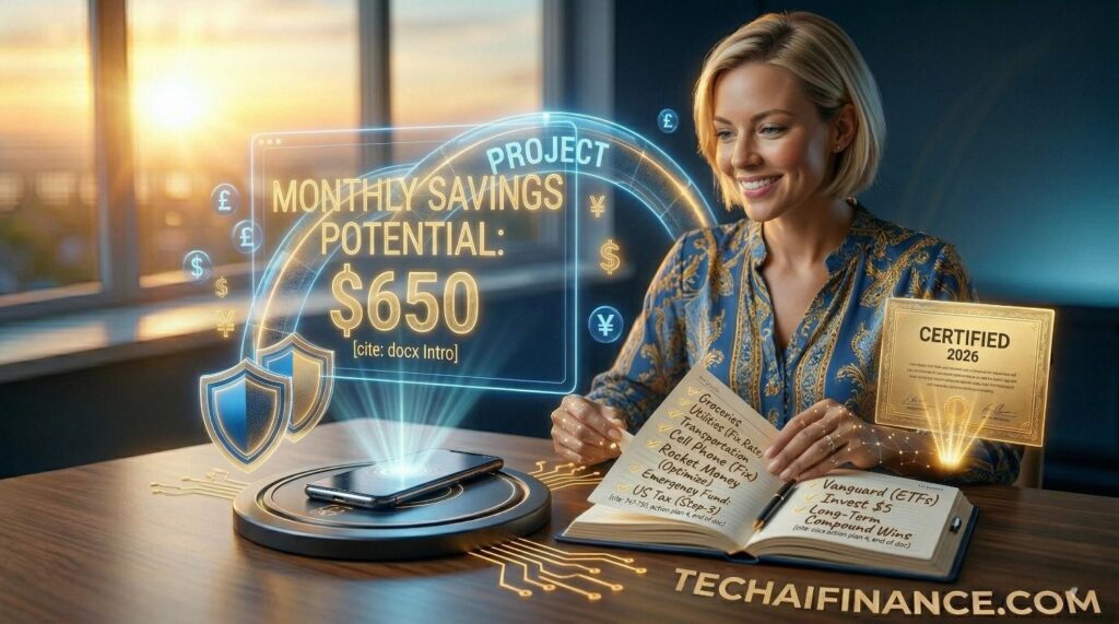 American smiling while reviewing a money saving plan at kitchen table with piggy ban