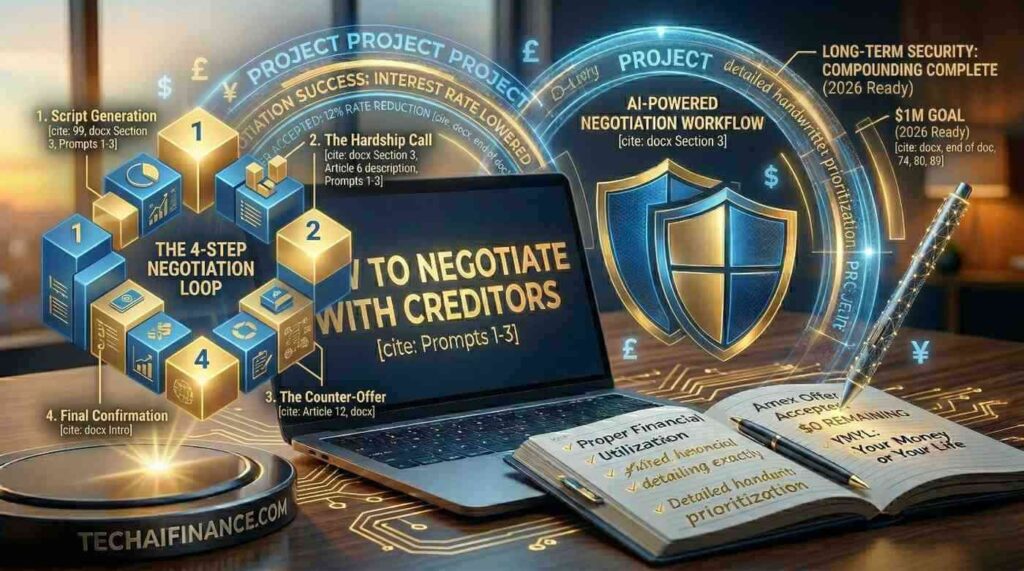 American confidently negotiating with creditor on phone at home desk with negotiation notes