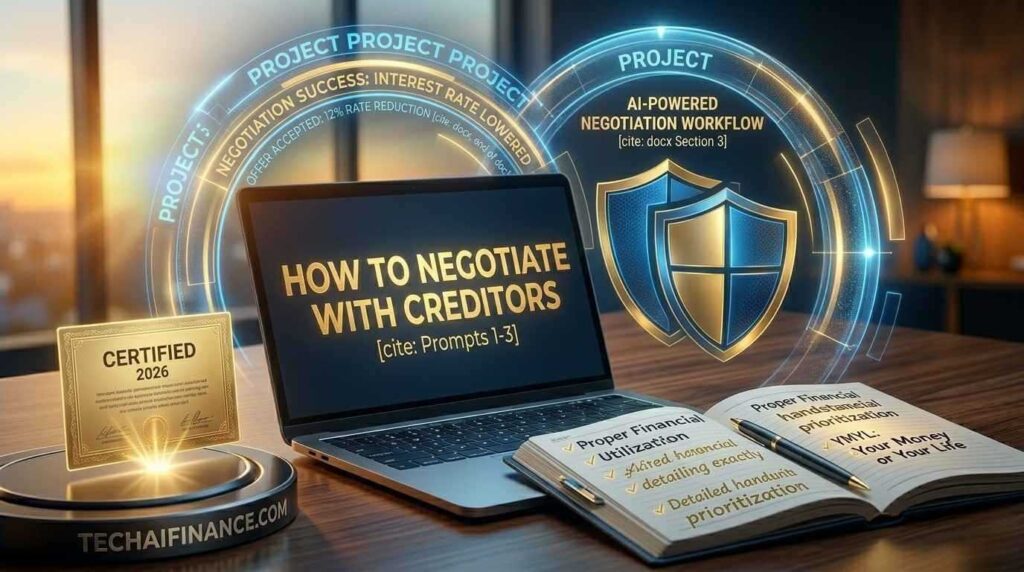 American confidently negotiating with creditor on phone at home desk with negotiation notes