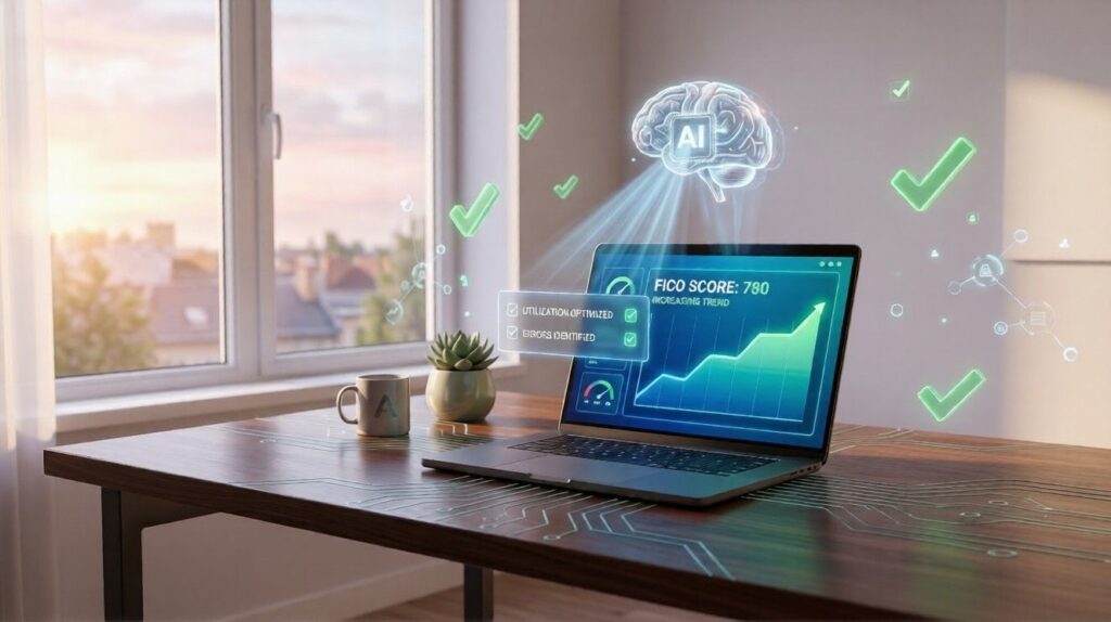 American checking their credit score on a smartphone using a free AI-powered credit monitoring app with improvement recommendations on screen