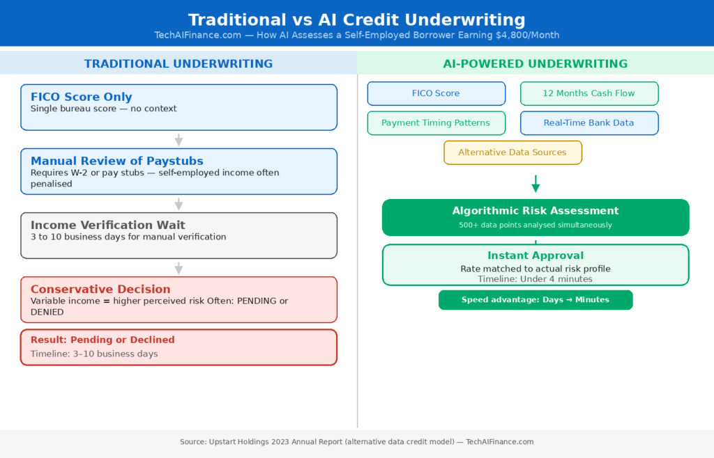 Flowchart comparing traditional FICO-only credit underwriting with AI-powered underwriting using alternative data for a self-employed borrower
