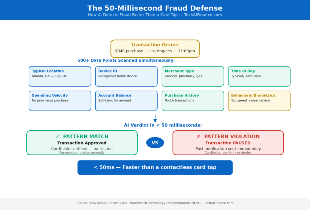 Infographic showing 500+ data points scanned in under 50 milliseconds to detect fraud and either approve or pause a suspicious transaction