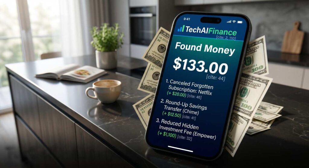 American reviewing a free AI-powered financial dashboard on a smartphone showing spending categories, credit score and savings progress