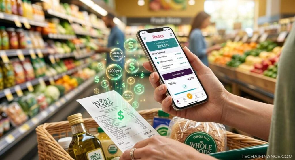 American scanning a grocery receipt with a cashback app on their smartphone in a supermarket parking lot