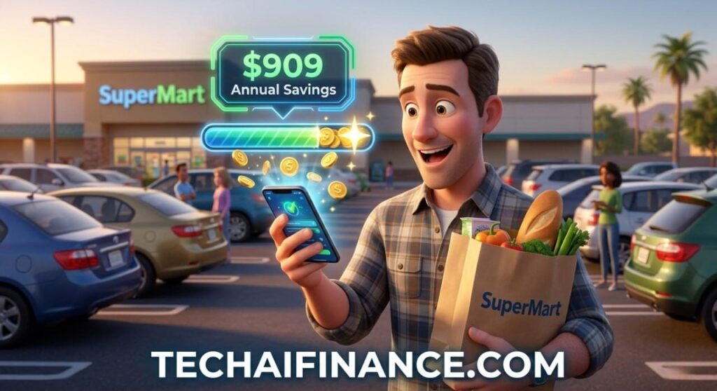 American scanning a grocery receipt with a cashback app on their smartphone in a supermarket parking lot