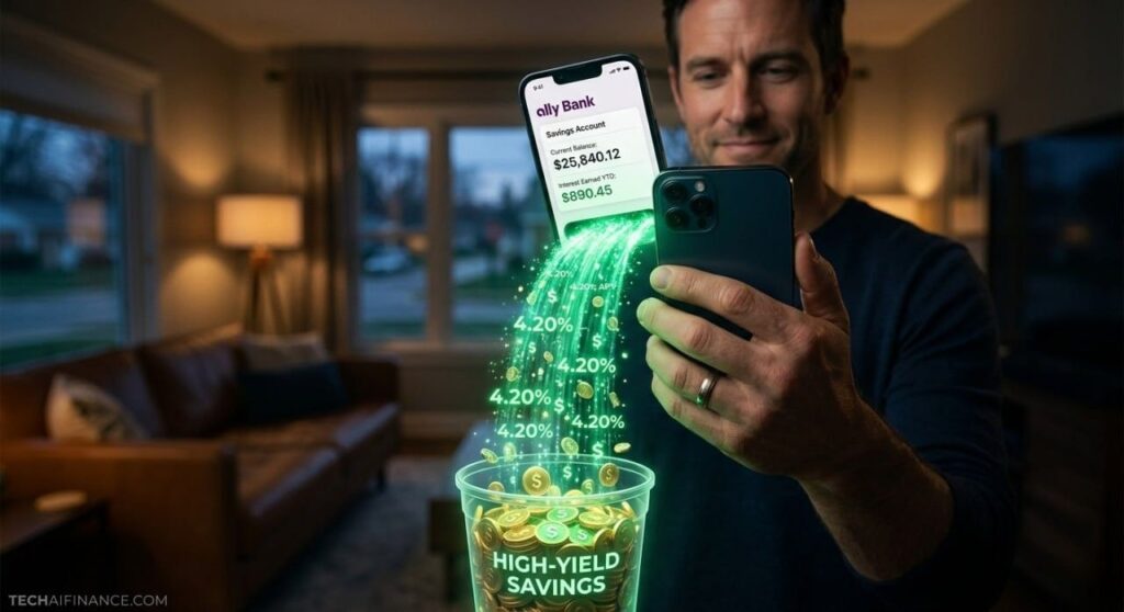 American checking their high yield savings account balance on a smartphone showing growing interest earnings