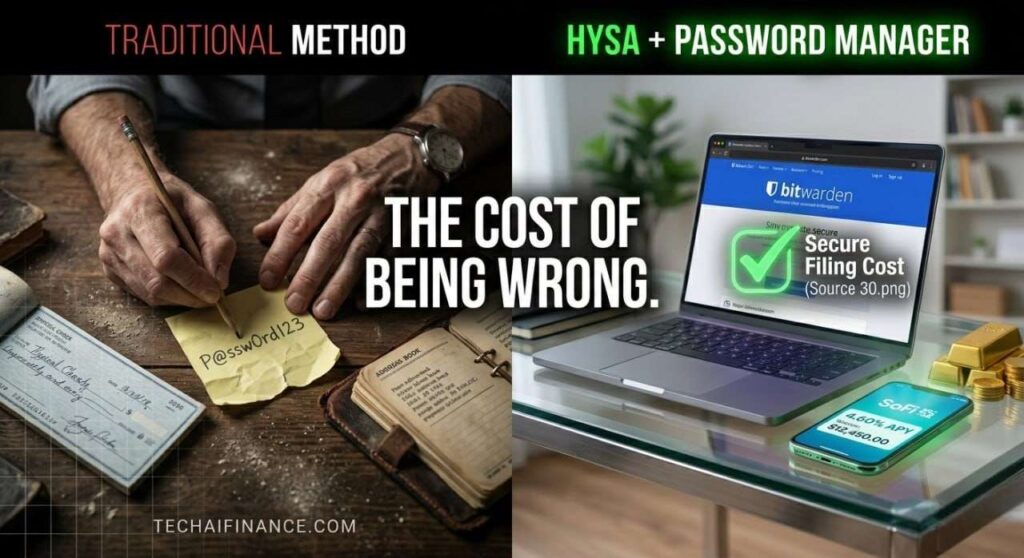 American using a password manager on a smartphone to securely log into a banking app with strong password protection visible