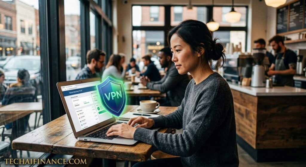 American accessing their online banking account securely on a laptop with a VPN active shield icon visible on screen