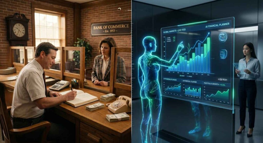 Split image showing a traditional bank teller on one side and an AI financial dashboard on the other representing the shift in personal finance