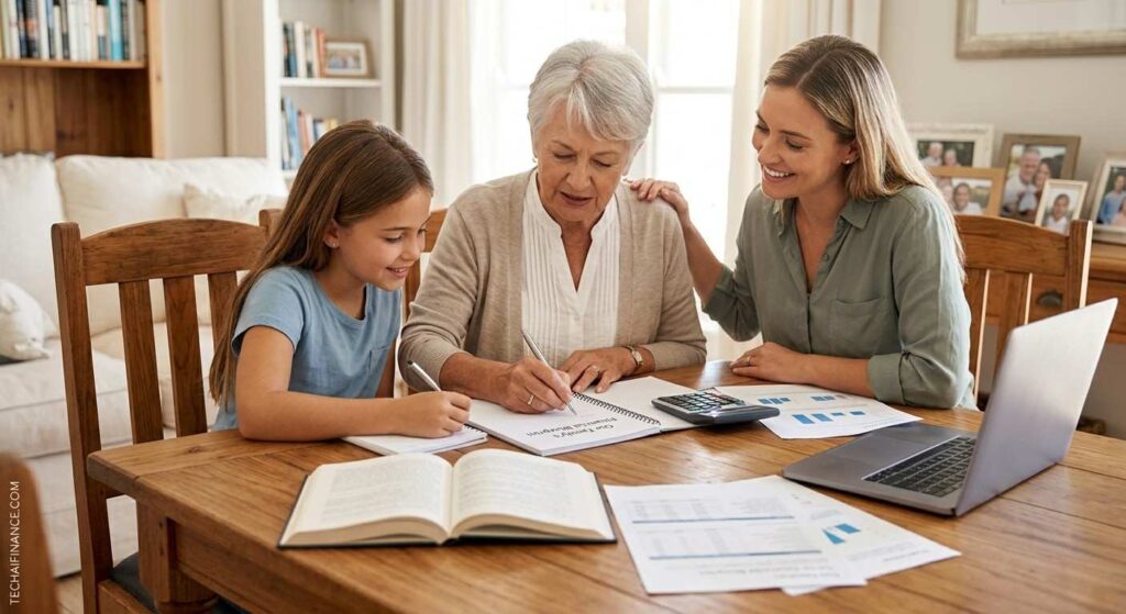 Multi-generational American family at a kitchen table reviewing financial documents and a laptop showing investment accounts and a family budget together