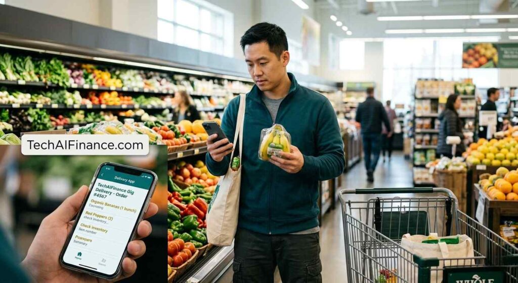 American checking multiple gig economy apps on a smartphone while seated in a parked car, with a delivery bag visible in the back seat