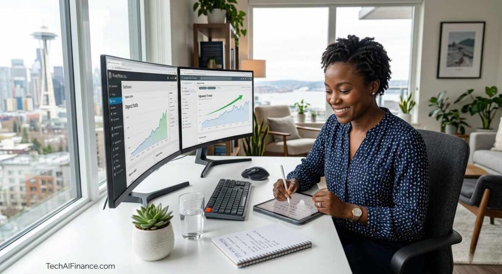American sitting at a bright home desk with a laptop showing a WordPress blog dashboard and a rising traffic analytics graph on screen