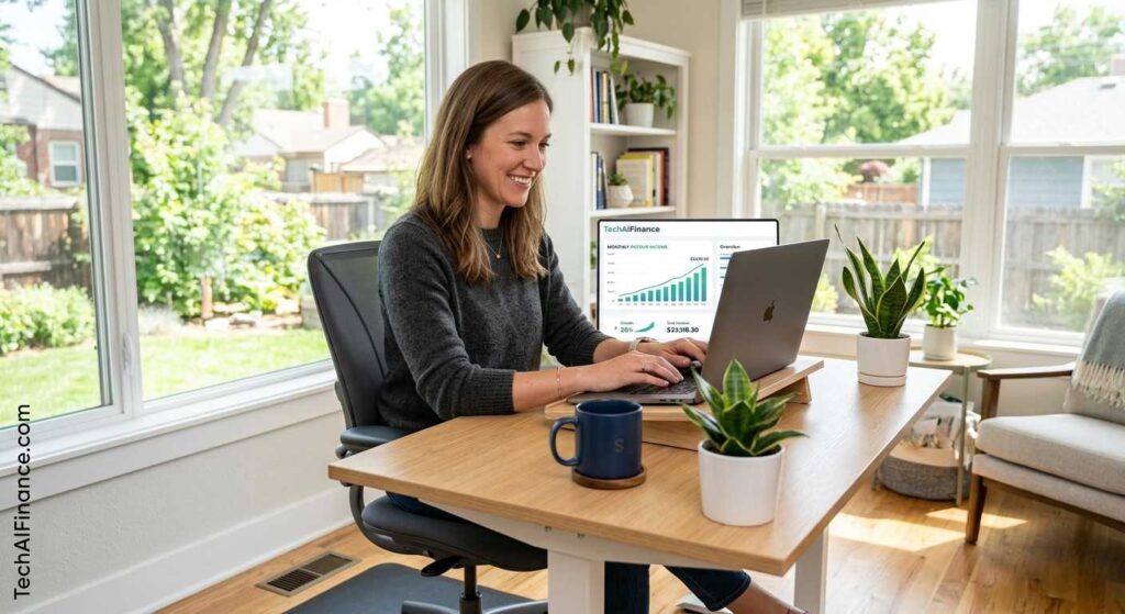American at a bright kitchen table reviewing passive income dashboards on a laptop with investment account summaries and a coffee mug beside them.