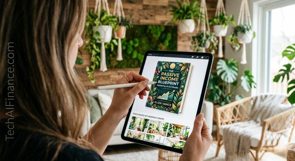 Close-up of an American creator designing digital products on a tablet in a modern, plant-filled living room.