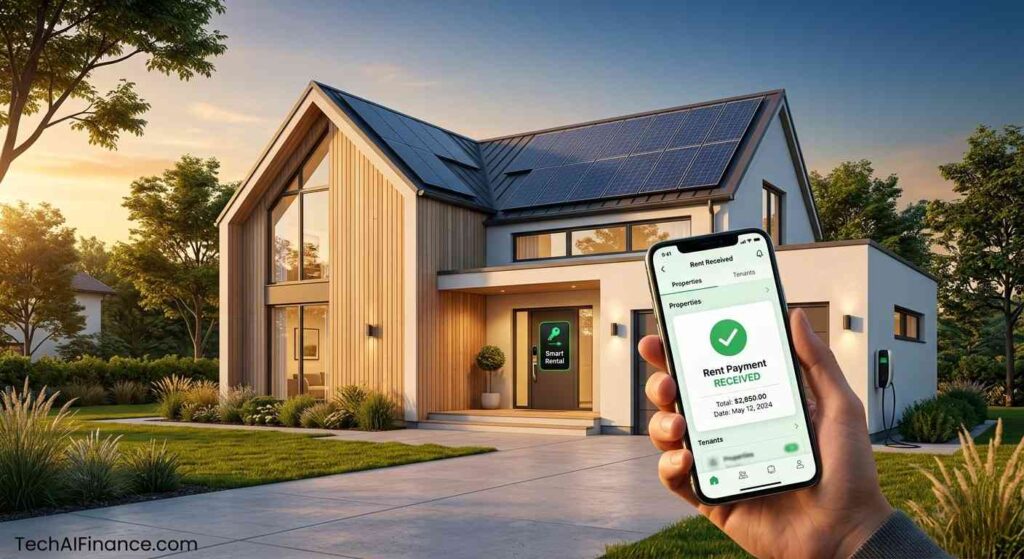 A modern American rental property at sunset with a smartphone displaying a successful rent payment notification in the foreground.