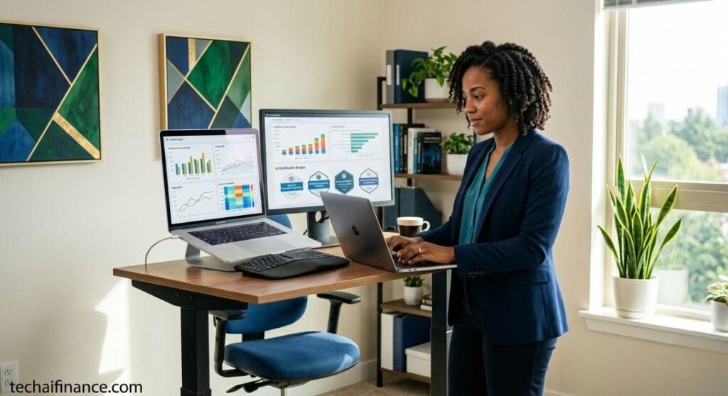 American professional at a standing desk reviewing skill development resources and freelance income charts on a laptop in a modern home office