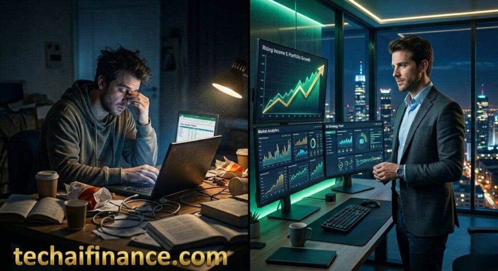 American professional at a standing desk reviewing skill development resources and freelance income charts on a laptop in a modern home office