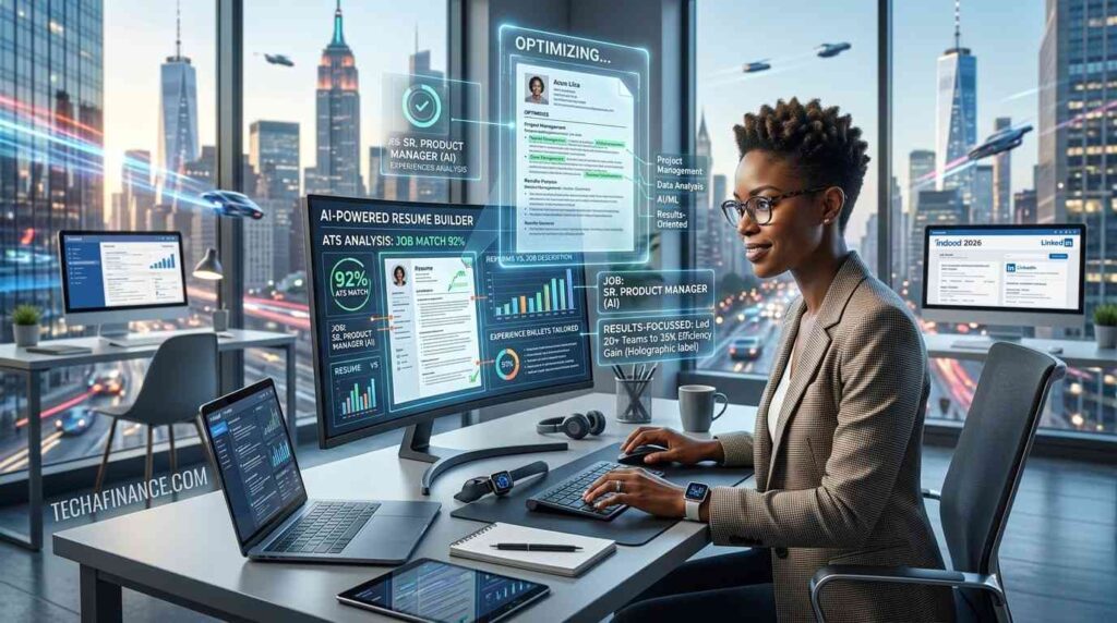 American job seeker using ChatGPT on a laptop to write a professional resume with a clean formatted document visible on screen