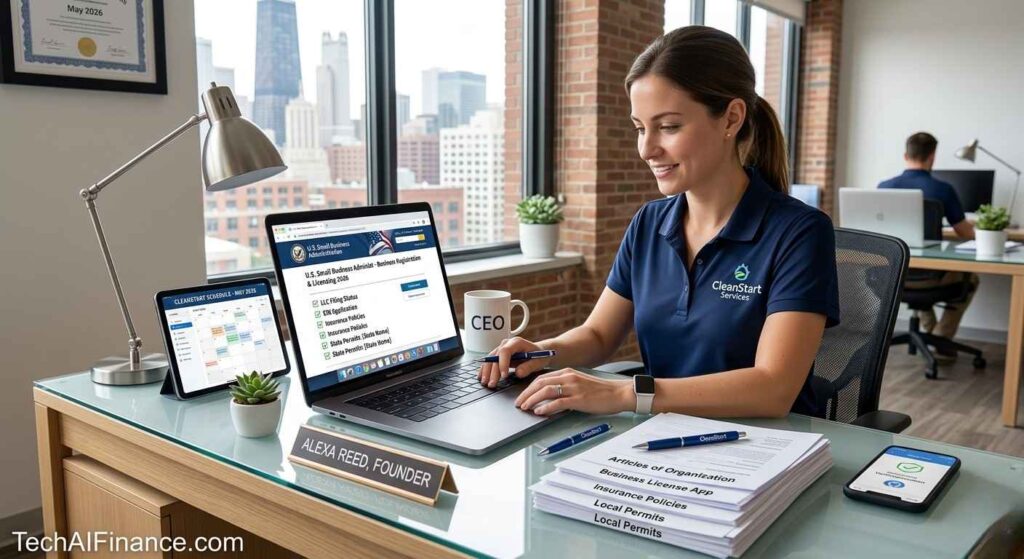 American woman in a branded cleaning uniform with supplies smiling outside a residential home she just cleaned