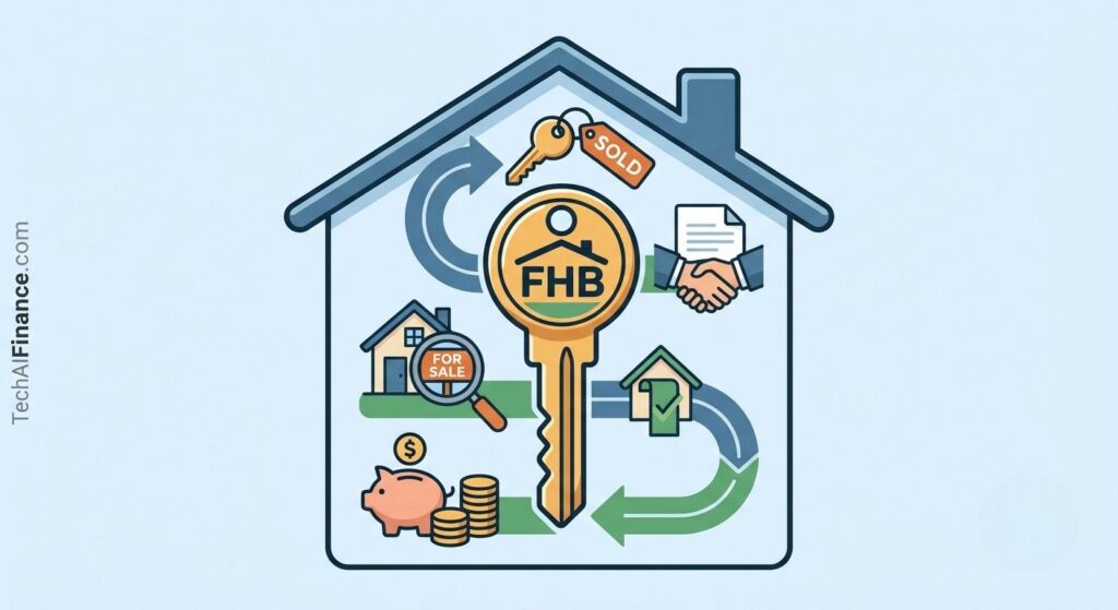 American first-time homebuyer couple holding house keys and smiling outside their new home with a sold sign in the background