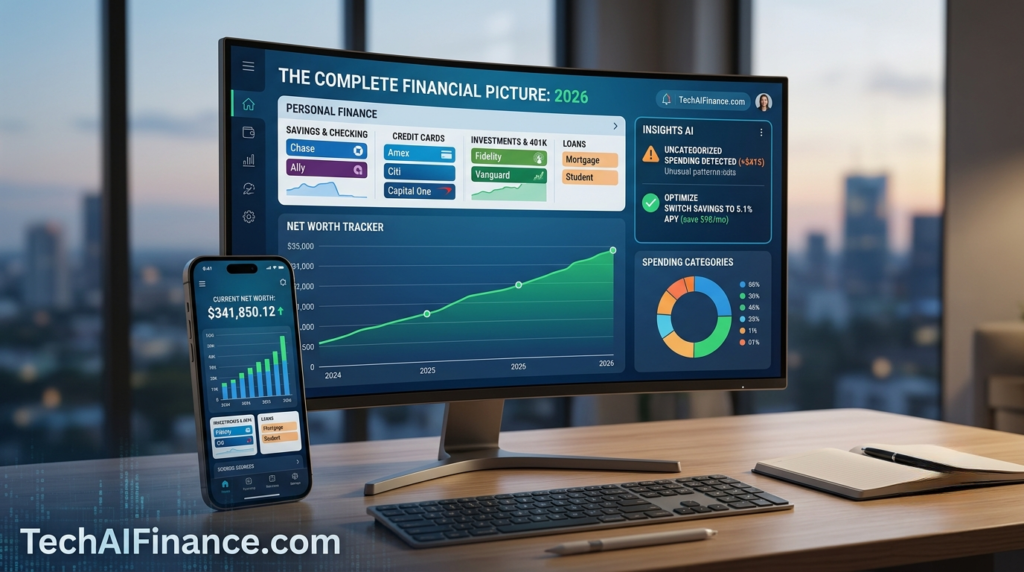 American reviewing a personal finance software dashboard on a laptop showing net worth, budget categories and account balances in one view