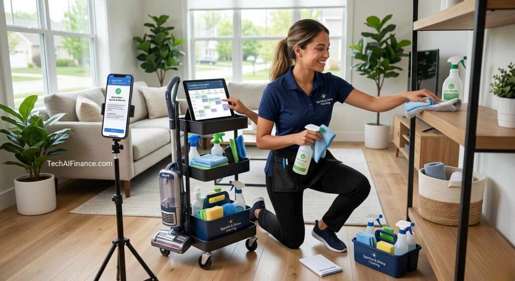 American woman in a branded cleaning uniform with supplies smiling outside a residential home she just cleaned
