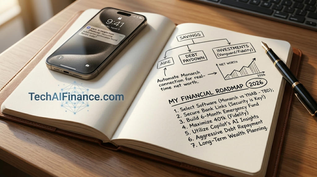 American reviewing a personal finance software dashboard on a laptop showing net worth, budget categories and account balances in one view