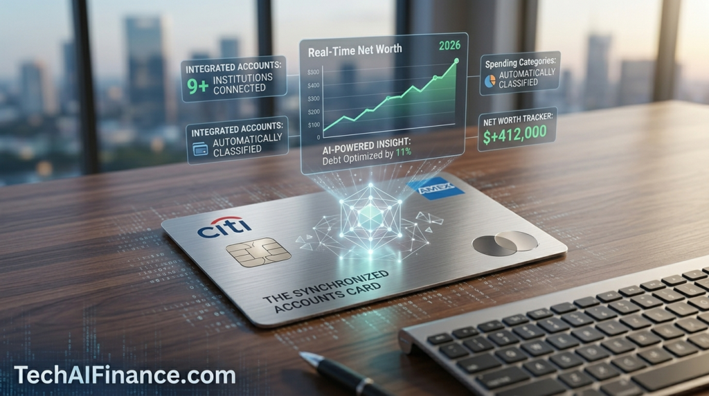 American reviewing a personal finance software dashboard on a laptop showing net worth, budget categories and account balances in one view