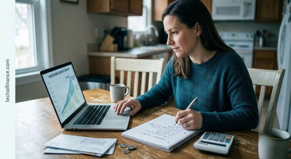 American single-income household reviewing a financial plan at a kitchen table with a laptop showing investment account growth and a notepad with savings goals